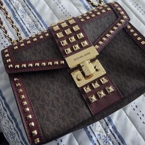 New Michael Kors Burgundy And Brown With Gold Studs Shoulder Bag